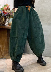 Plus Size Blackish Green Elastic Waist Tie Waist Corduroy Lantern Pants Spring