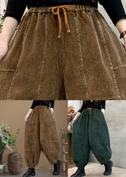 Plus Size Blackish Green Elastic Waist Tie Waist Corduroy Lantern Pants Spring