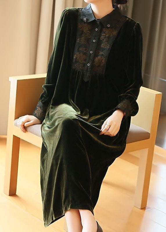 Plus Size Blackish Green Embroideried Patchwork Silk Velour Party Dress Spring