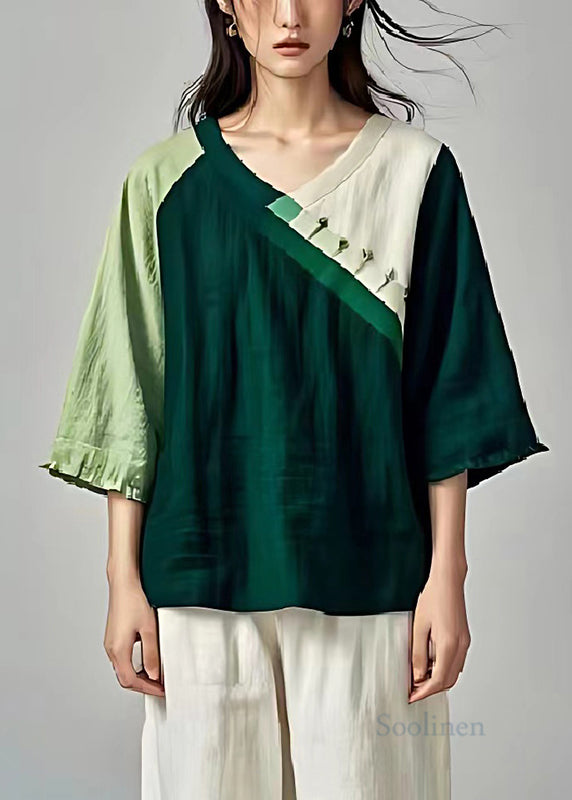 Plus Size Blackish Green Oversized Patchwork Linen Shirts Summer