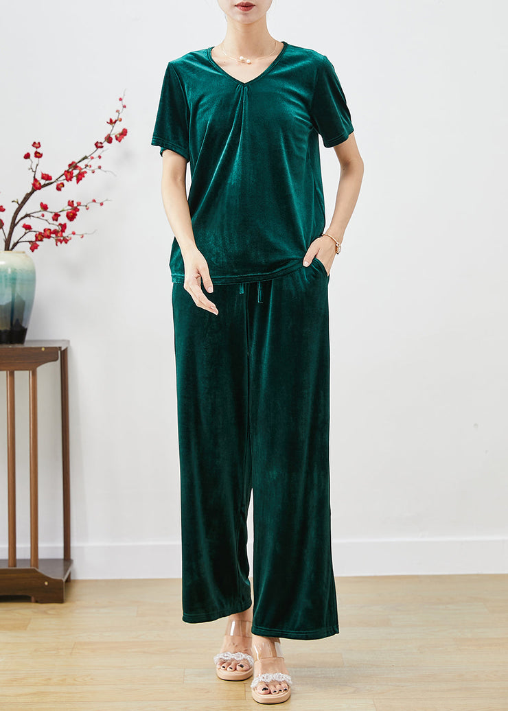 Plus Size Blackish Green Slim Fit Silk Velour Two Pieces Set Fall