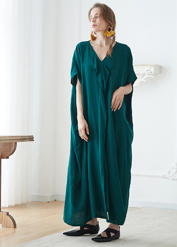 Plus Size Blackish Green V Neck Pockets Patchwork Cotton Maxi Dress Summer