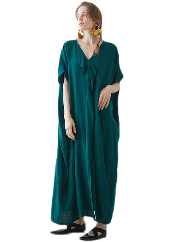 Plus Size Blackish Green V Neck Pockets Patchwork Cotton Maxi Dress Summer