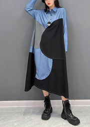 Plus Size Blue Black Patchwork Asymmetrical Design Cotton Loose Dress Fall