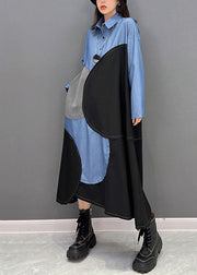 Plus Size Blue Black Patchwork Asymmetrical Design Cotton Loose Dress Fall