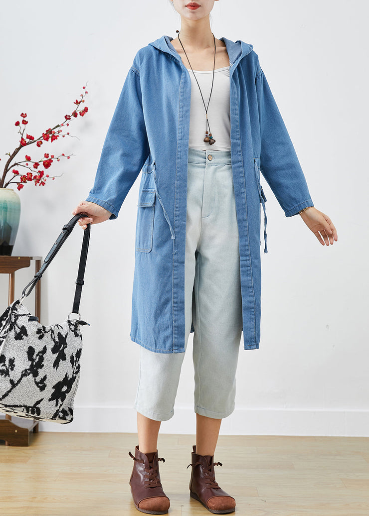 Plus Size Blue Cinched Hooded Denim Trench Fall