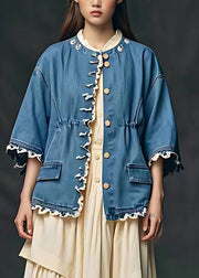 Plus Size Blue Cinched Pockets Patchwork Coats Fall