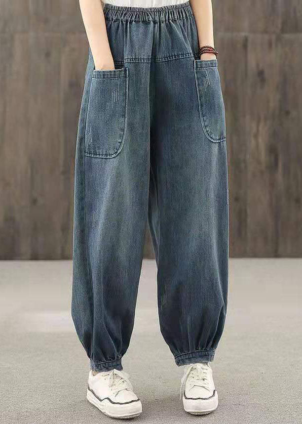 Plus Size Blue Elastic Waist Big Pockets Patchwork Cotton Denim harem Pants Summer