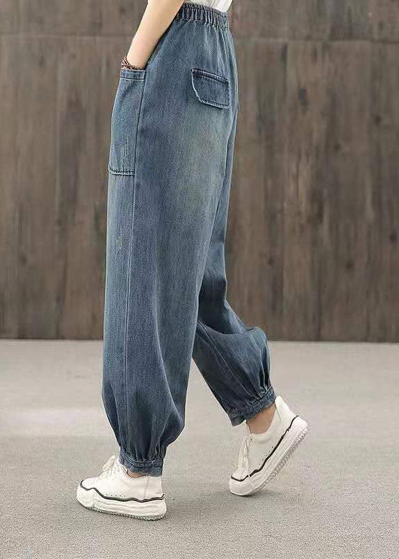 Plus Size Blue Elastic Waist Big Pockets Patchwork Cotton Denim harem Pants Summer