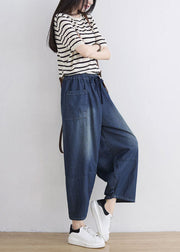 Plus Size Blue Elastic Waist Patchwork Cotton Denim Pants Spring