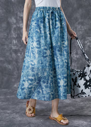 Plus Size Blue Elastic Waist Print Linen A Line Skirts Summer