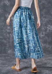 Plus Size Blue Elastic Waist Print Linen A Line Skirts Summer