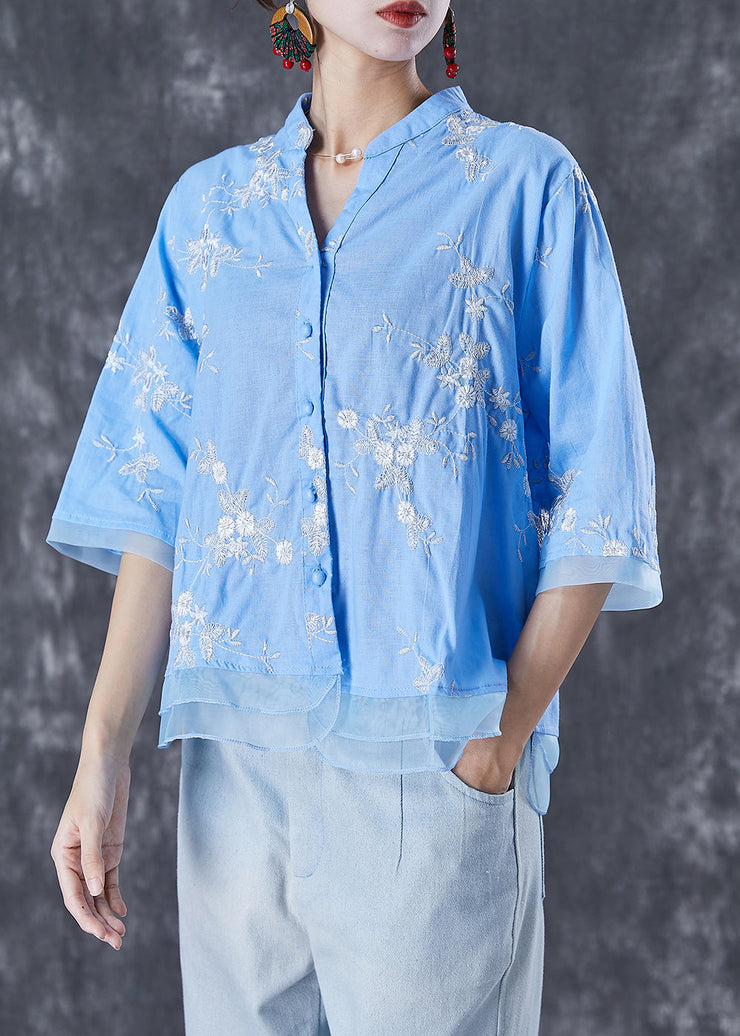 Plus Size Blue Embroidered Patchwork Linen Blouse Tops Summer