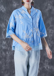 Plus Size Blue Embroideried Patchwork Linen Blouse Tops Summer