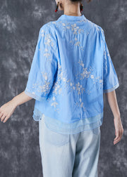 Plus Size Blue Embroidered Patchwork Linen Blouse Tops Summer