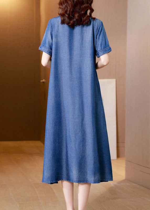 Plus Size Blue Embroideried Side Open Denim Dress Summer