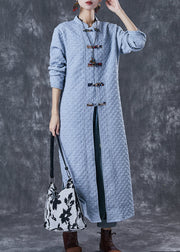 Plus Size Blue Grey Chinese Button Cotton Trench Coats Fall