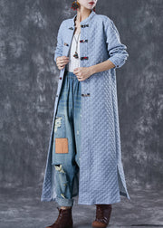 Plus Size Blue Grey Chinese Button Cotton Trench Coats Fall