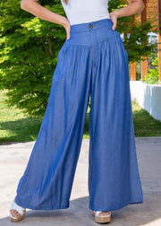 Plus Size Blue High Waist Patchwork Wrinkled Denim Wide Leg Pants Summer