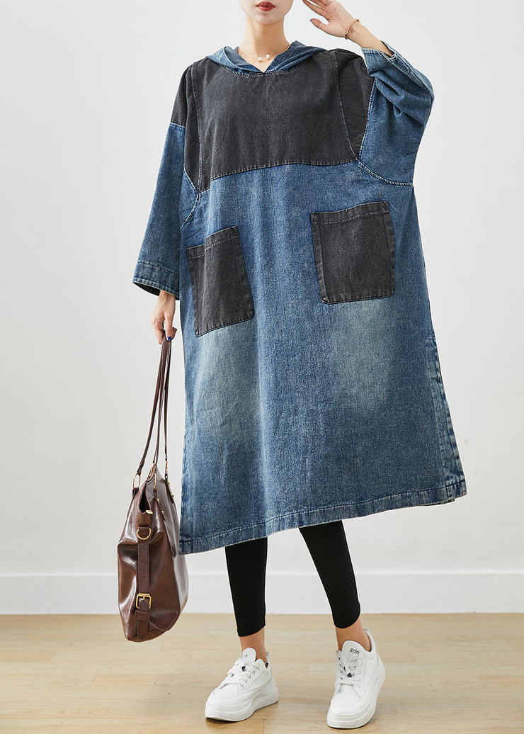 Plus Size Blue Hooded Patchwork Side Open Cotton Sweatshirt Dress Fall