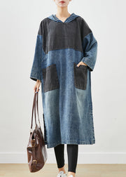 Plus Size Blue Hooded Patchwork Side Open Cotton Sweatshirt Dress Fall