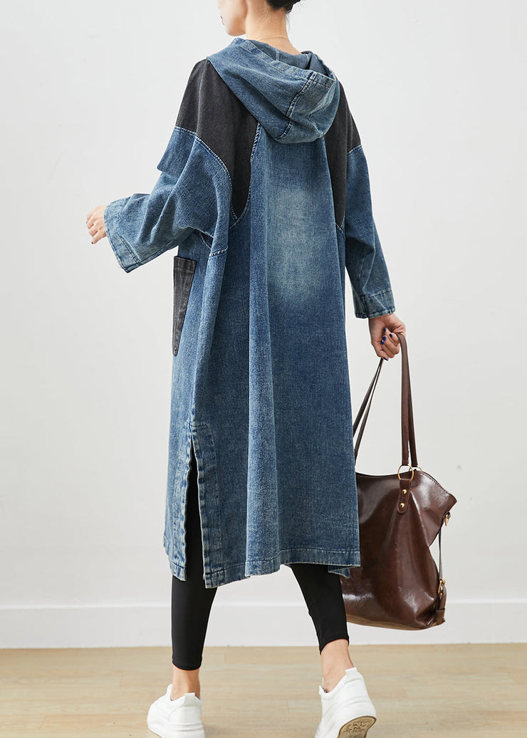 Plus Size Blue Hooded Patchwork Side Open Cotton Sweatshirt Dress Fall