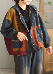 Plus Size Blue Hooded Pockets Patchwork Denim Coat Spring