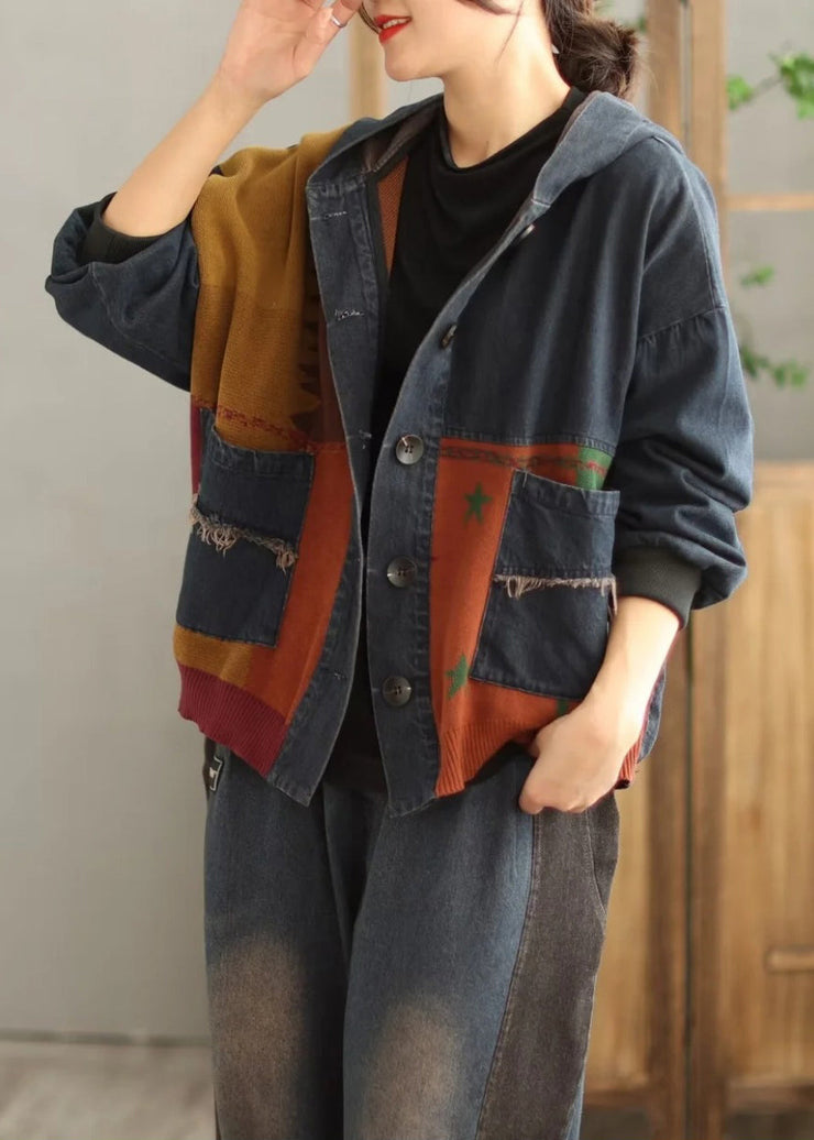 Plus Size Blue Hooded Pockets Patchwork Denim Coat Spring