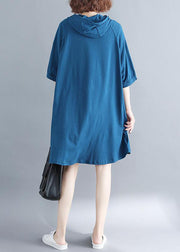 Plus Size Blue Hooded Print Cotton Sweatshirt Dress Summer