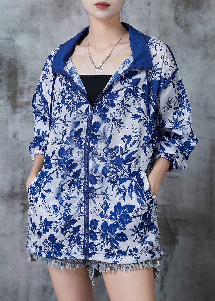 Plus Size Blue Hooded Print Spandex Coat Outwear Fall