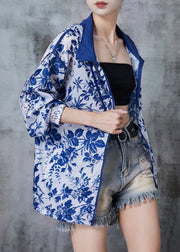 Plus Size Blue Hooded Print Spandex Coat Outwear Fall