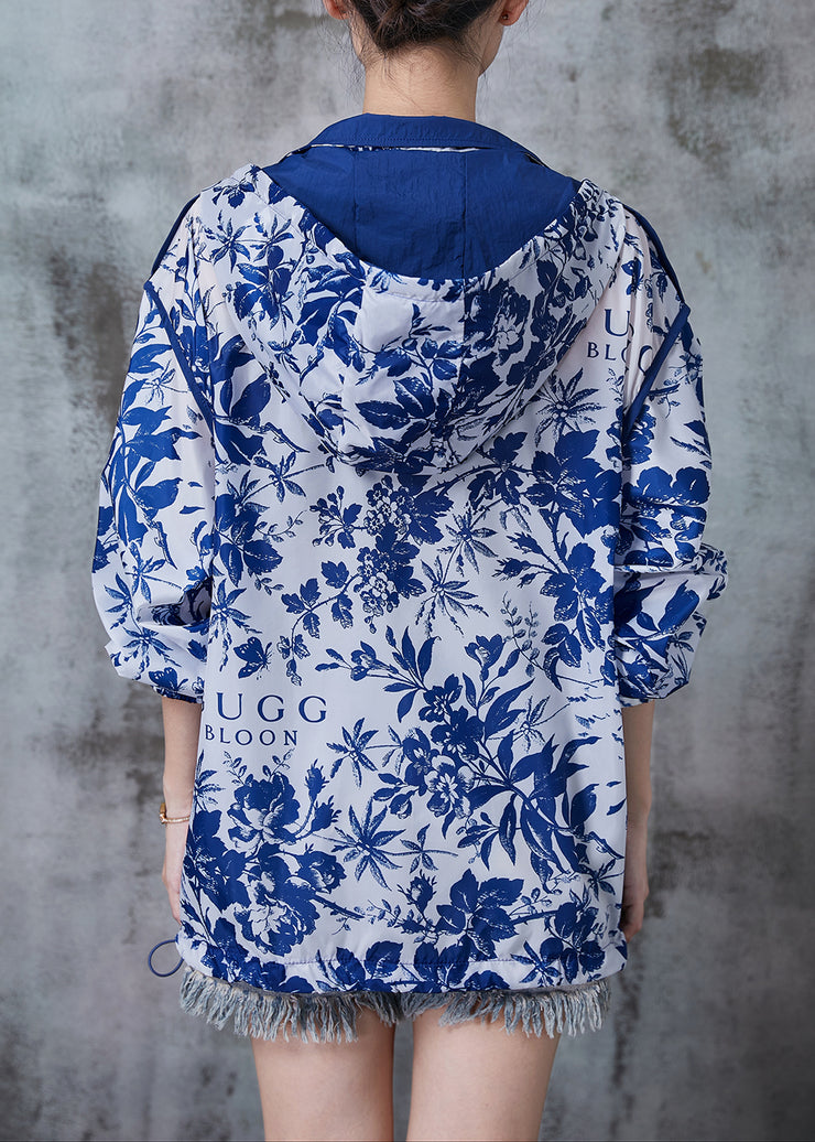 Plus Size Blue Hooded Print Spandex Coat Outwear Fall