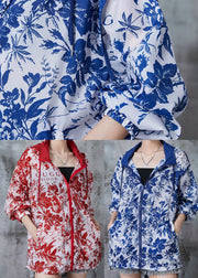 Plus Size Blue Hooded Print Spandex Coat Outwear Fall