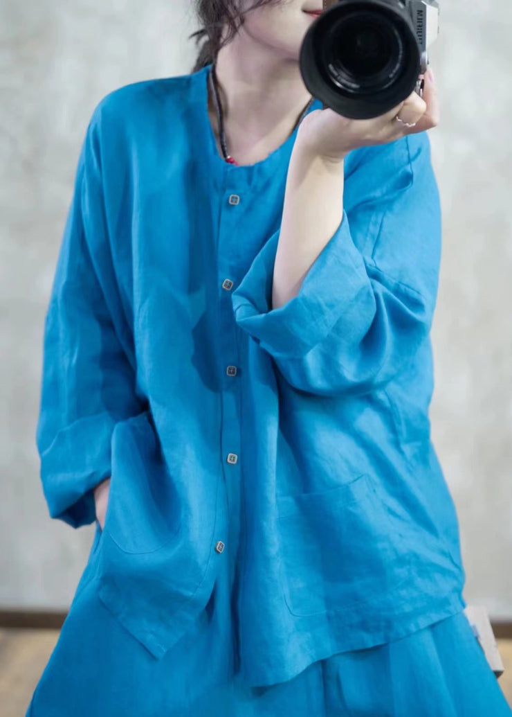 Plus Size Blue O Neck Button Pockets Linen Shirt Top Spring