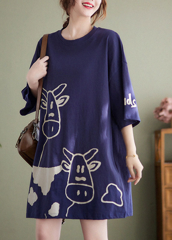 Plus Size Blue O-Neck Cow Print Cotton Vacation Dresses Short Sleeve