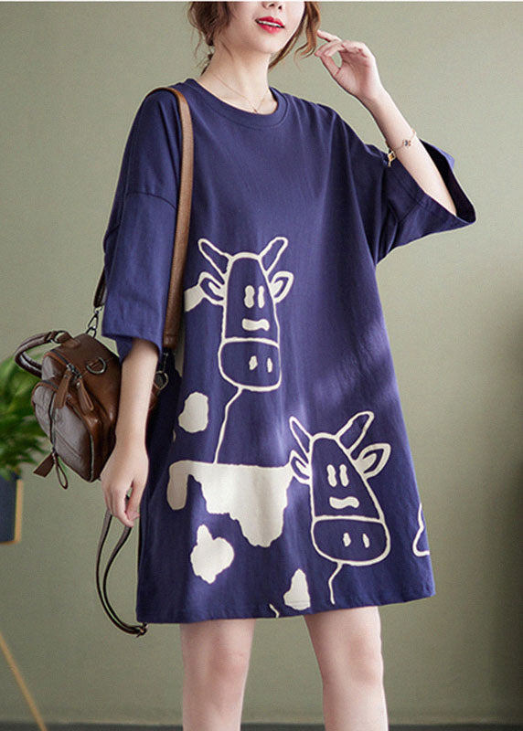 Plus Size Blue O-Neck Cow Print Cotton Vacation Dresses Short Sleeve