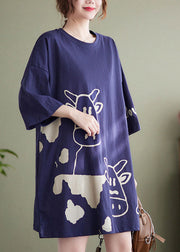 Plus Size Blue O-Neck Cow Print Cotton Vacation Dresses Short Sleeve