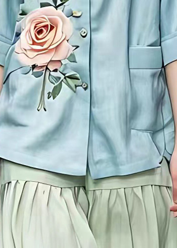 Plus Size Blue O-Neck Floral Button Top Summer
