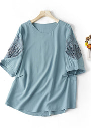 Plus Size Blue O Neck Hollow Out Embroidered Cotton T Shirt Summer