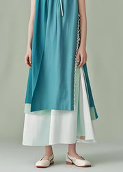 Plus Size Blue O Neck Patchwork Cotton Long Dress Sleeveless