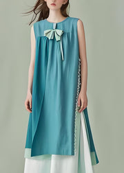 Plus Size Blue O Neck Patchwork Cotton Long Dress Sleeveless