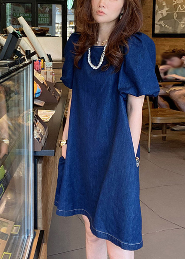 Plus Size Blue O-Neck Patchwork Cozy Mid Denim Dresses Short Sleeve