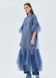 Plus Size Blue O-Neck Patchwork Tulle Maxi Dresses Half Sleeve