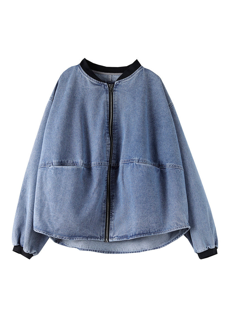 Plus Size Blue O-Neck Patchwork zippered Denim Coats Spring