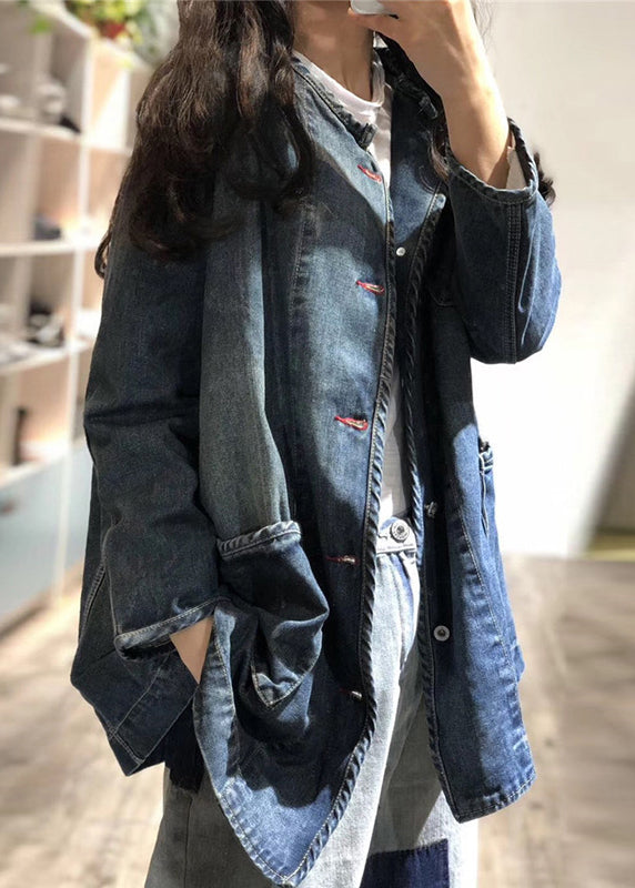 Plus Size Blue O Neck Pockets Button Patchwork Denim Coat Fall