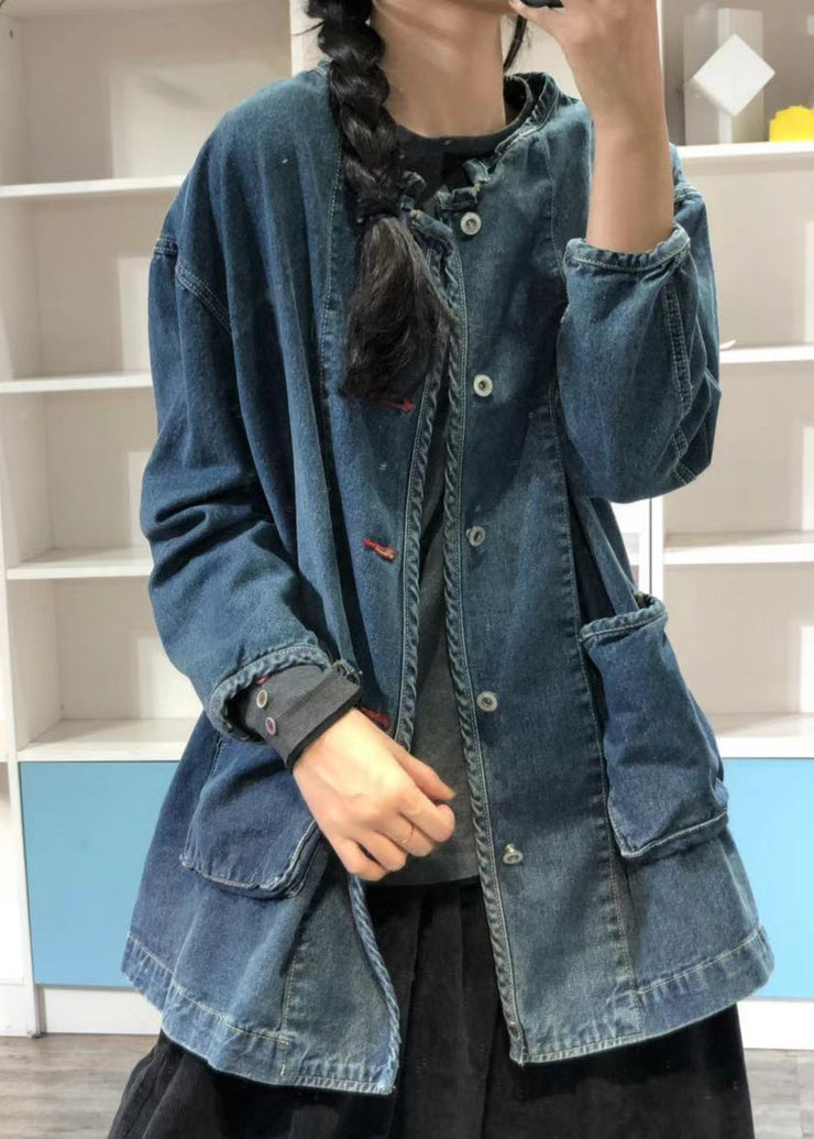 Plus Size Blue O Neck Pockets Button Patchwork Denim Coat Fall