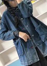 Plus Size Blue O Neck Pockets Button Patchwork Denim Coat Fall