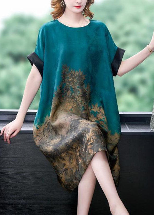 Plus Size Blue O Neck Print Patchwork Silk Dress Summer