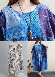 Plus Size Blue O Neck Print Pockets Cotton Long Dress Summer