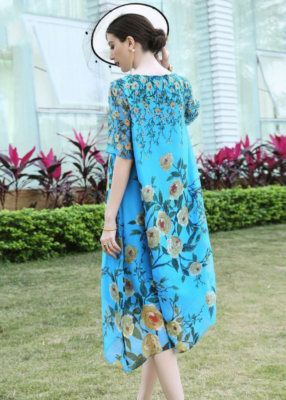 Plus Size Blue O-Neck Print Silk Vacation Dress Summer